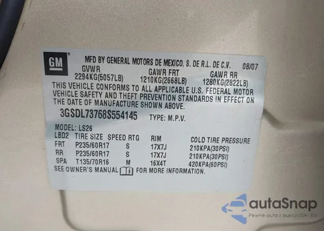 2008 Saturn Vue V6 Xr from USA, damaged, VIN 3GSDL73768S554145